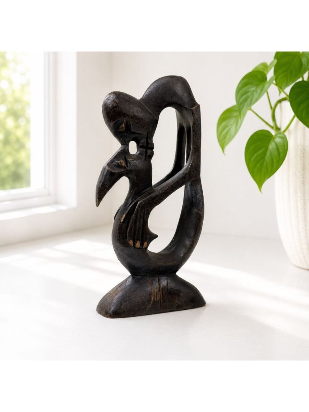 Vintage Hand-Carved Abstract Embracing Kissing Couple Wood Sculpture Mid-Century